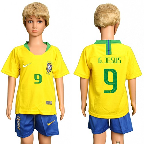 Brazil #9 G.Jesus Home Kid Soccer Country Jersey